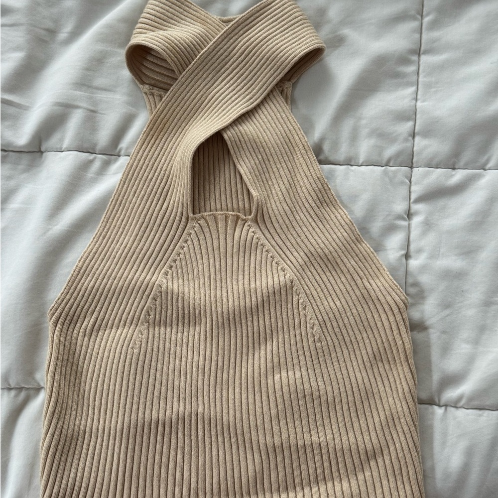 Elegant Tan Ribbed Halter Dress